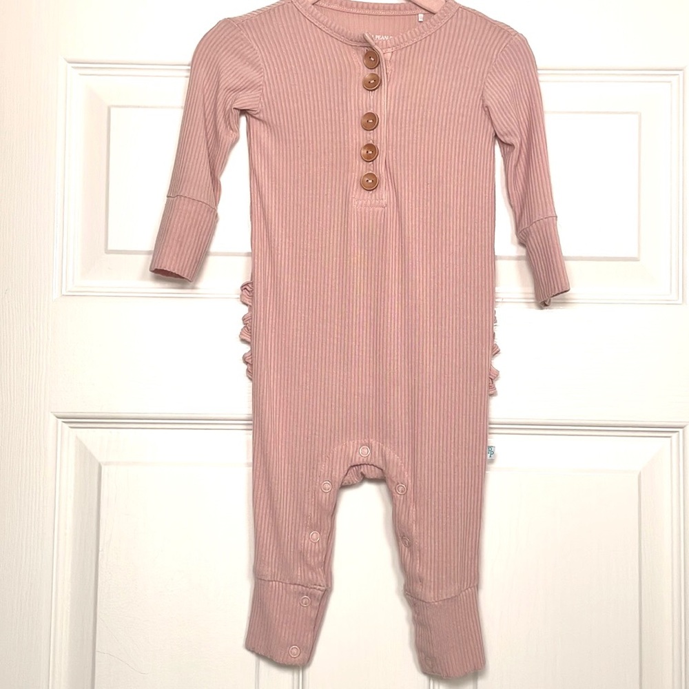 Posh Peanut Sweet Pink Ribbed Long Sleeve Ruffled Henley Romper.